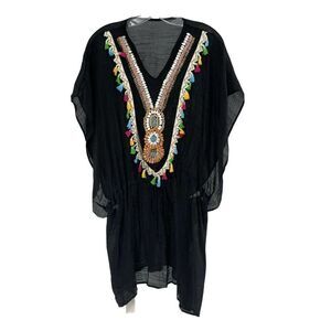 Bohemian Beaded Blouse Black V Neck Dolman Sleeve One Size Beach Tunic LOF NEW
